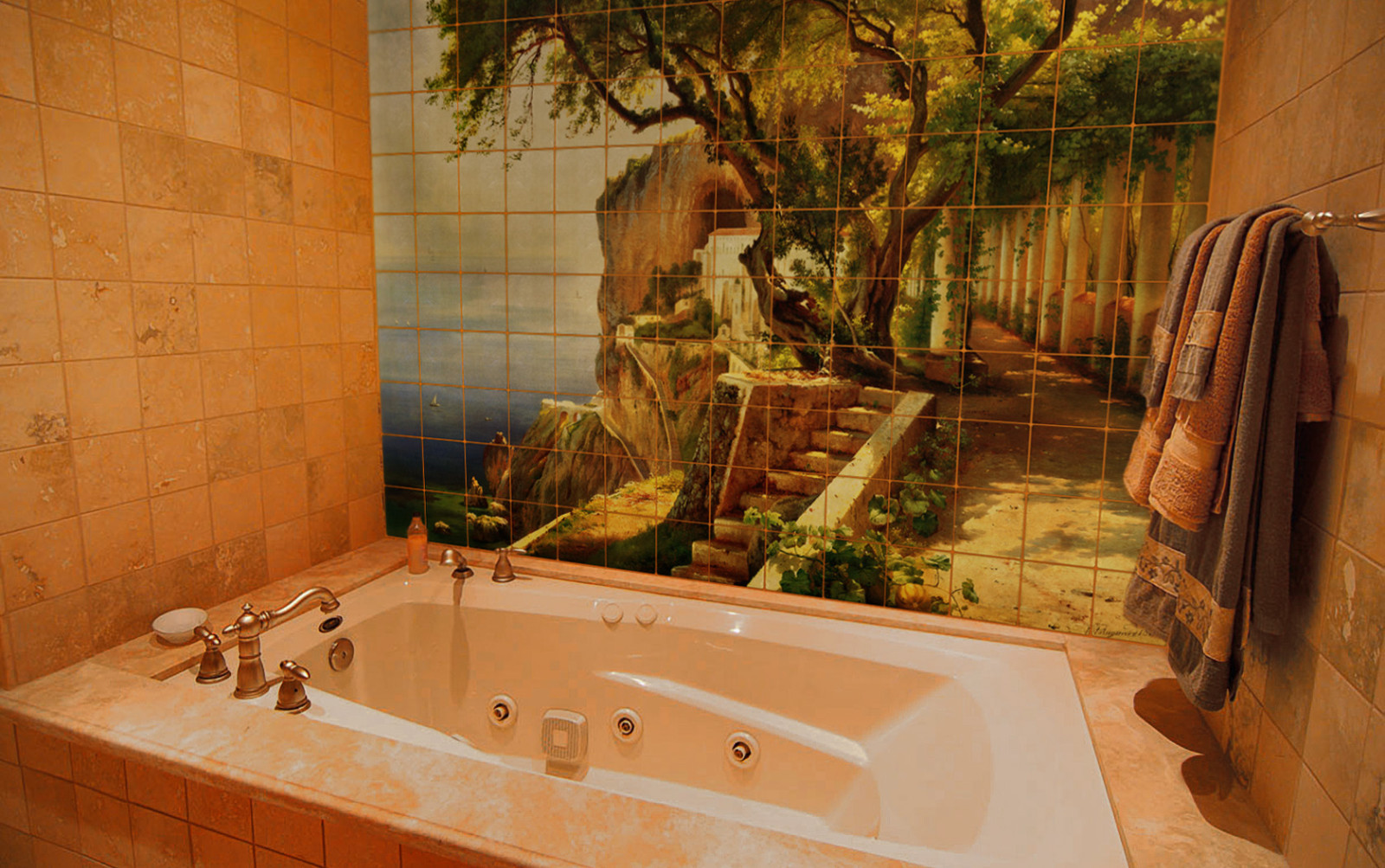 72×48 Pergola at the Amalfi Tumbled Marble Tile Mural for Bathroom Wall