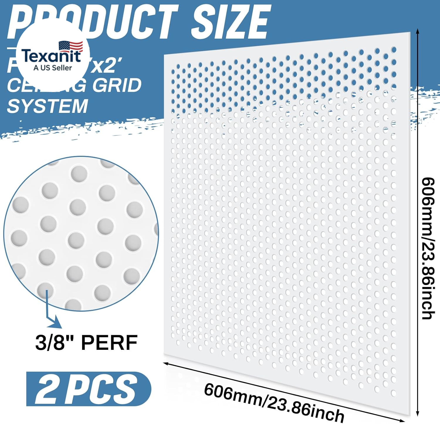 2 Pack 2′ X 2′ Plastic Perforated Tiles with 3/8″ Holes 24″ X 24″ White Drop Cei