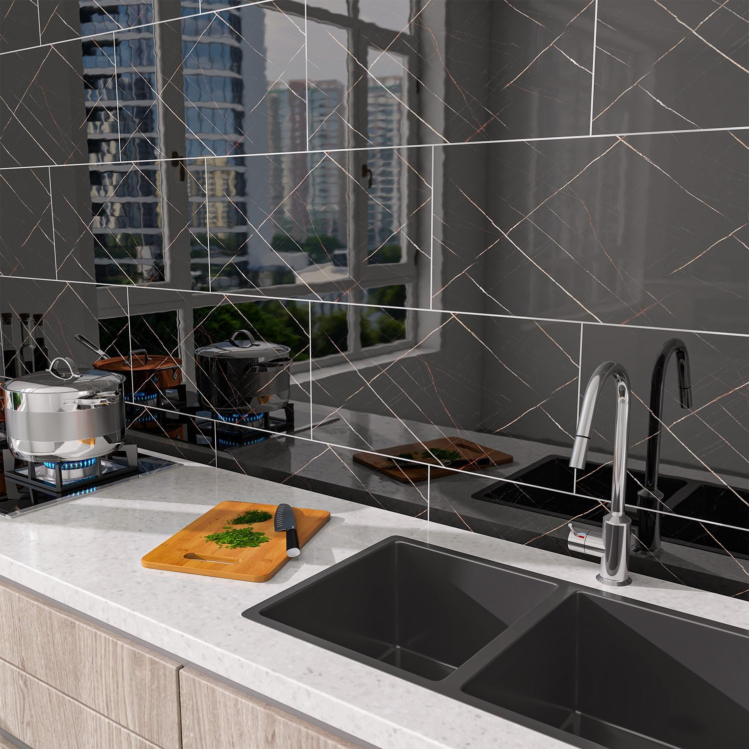 Marble Peel and Stick Backsplash Waterproof 23.6″X11.8″ PVC Wall Panels, PVC Foa