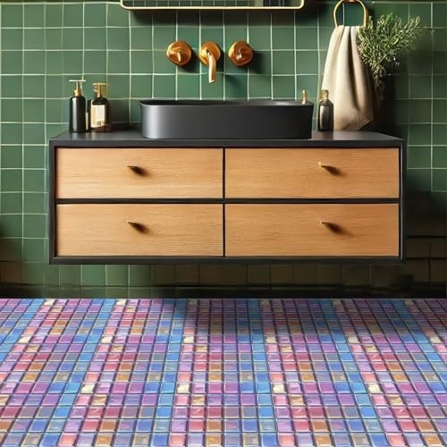 10PCS 12×12 Inch Iridescent Pink Blue Gem Look Floor Tiles Peel and Stick