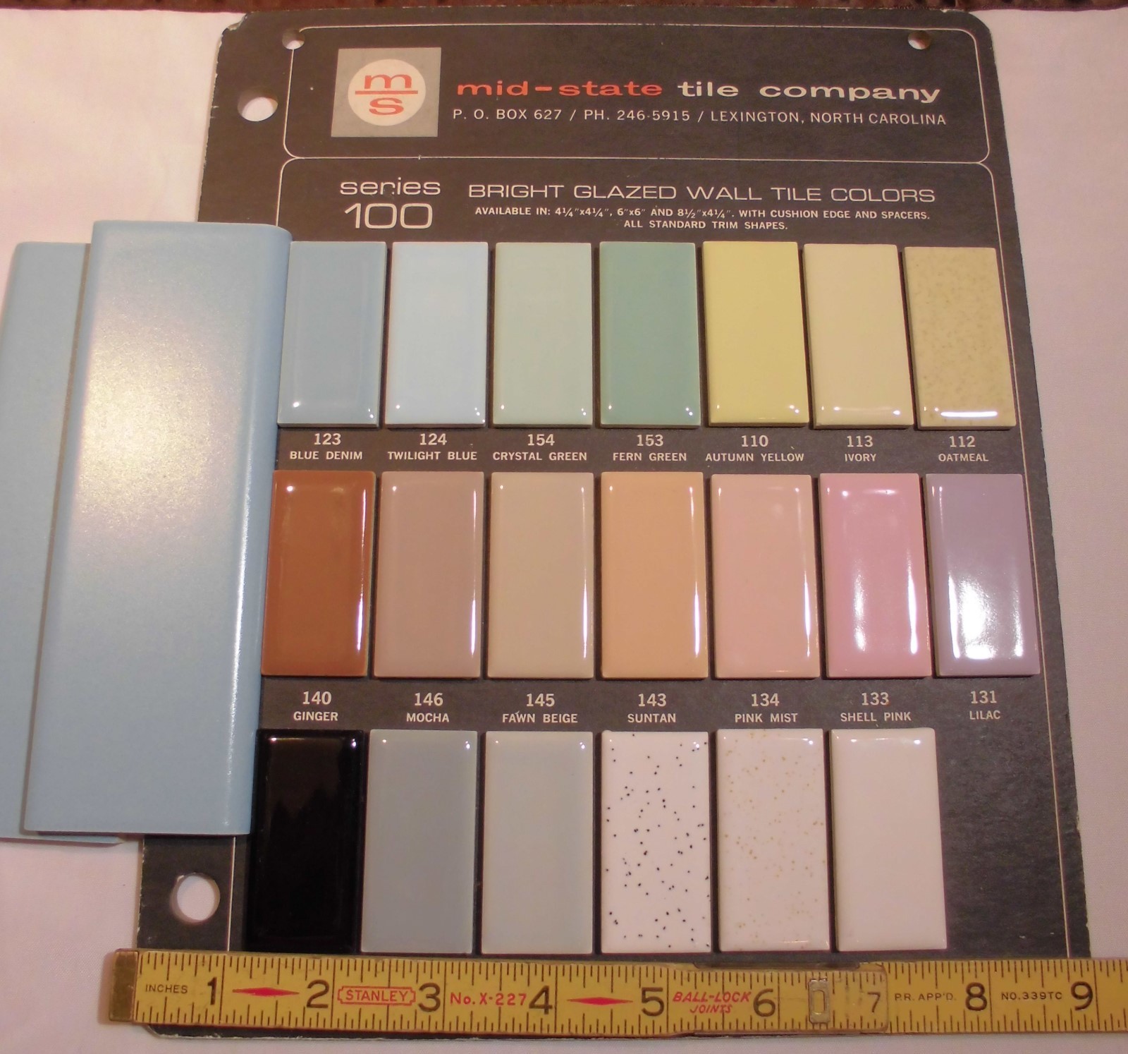 6 pcs. Matte *Blue Denim* Ceramic Cap Bullnose Trim tile by Mid-State NOS