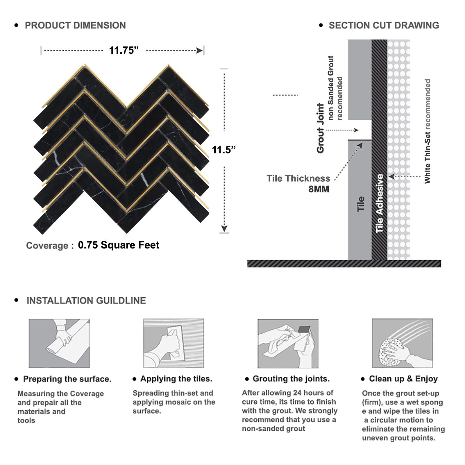 Marquina Black Marble Stone Gold Metal Inlay Herringbone Kitchen Tile Backsplash