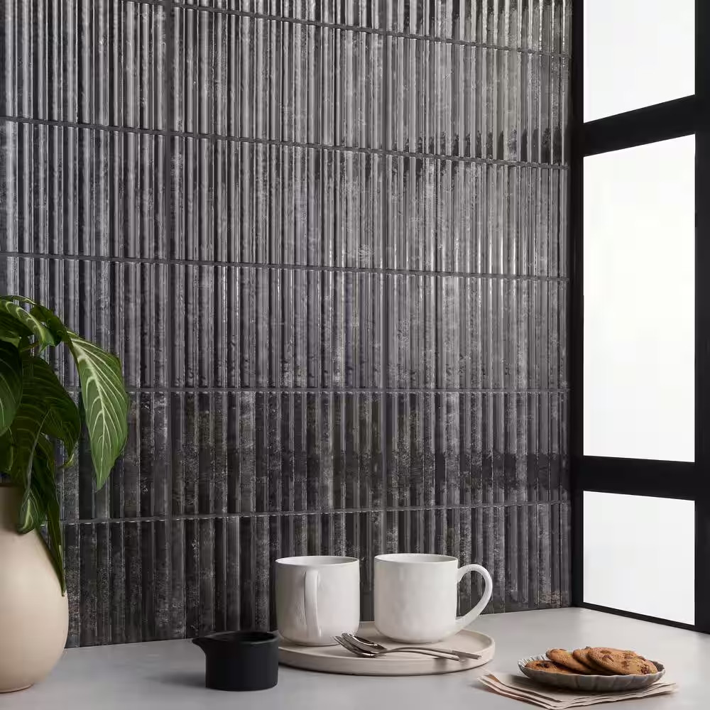 Mawr Black 5.9 In. X 11.81 In. Polished Fluted Ceramic Wall Tile (9.68 Sq. Ft./C