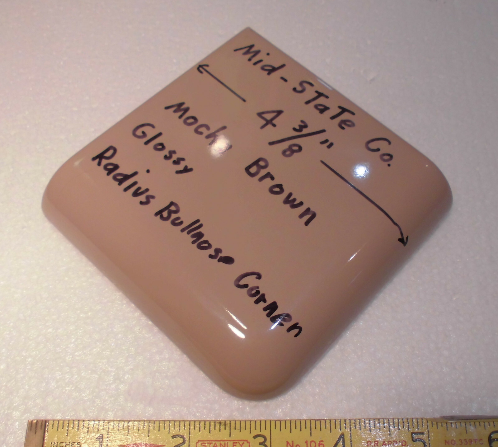 1 pc. Corner Bullnose; Mocha Brown; Glossy Ceramic Tile by Mid-State 4-3/8″ Mudd