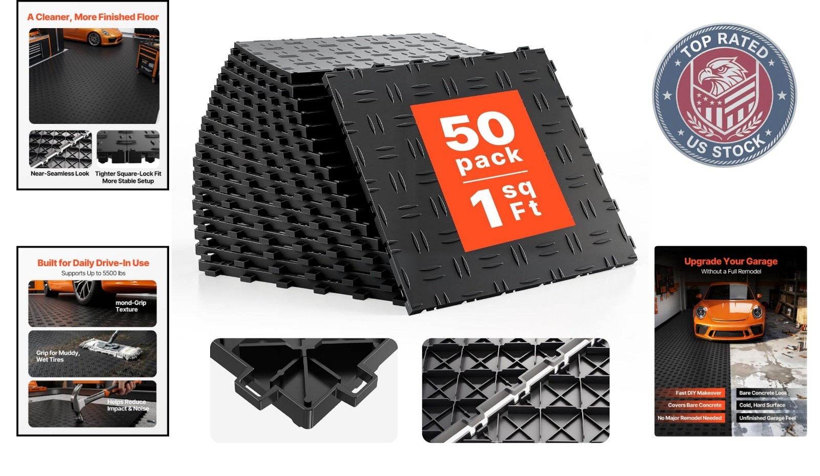 Versatile 12″x12″ Interlocking Floor Tiles for Garage & Repair Shop, 50 Pack