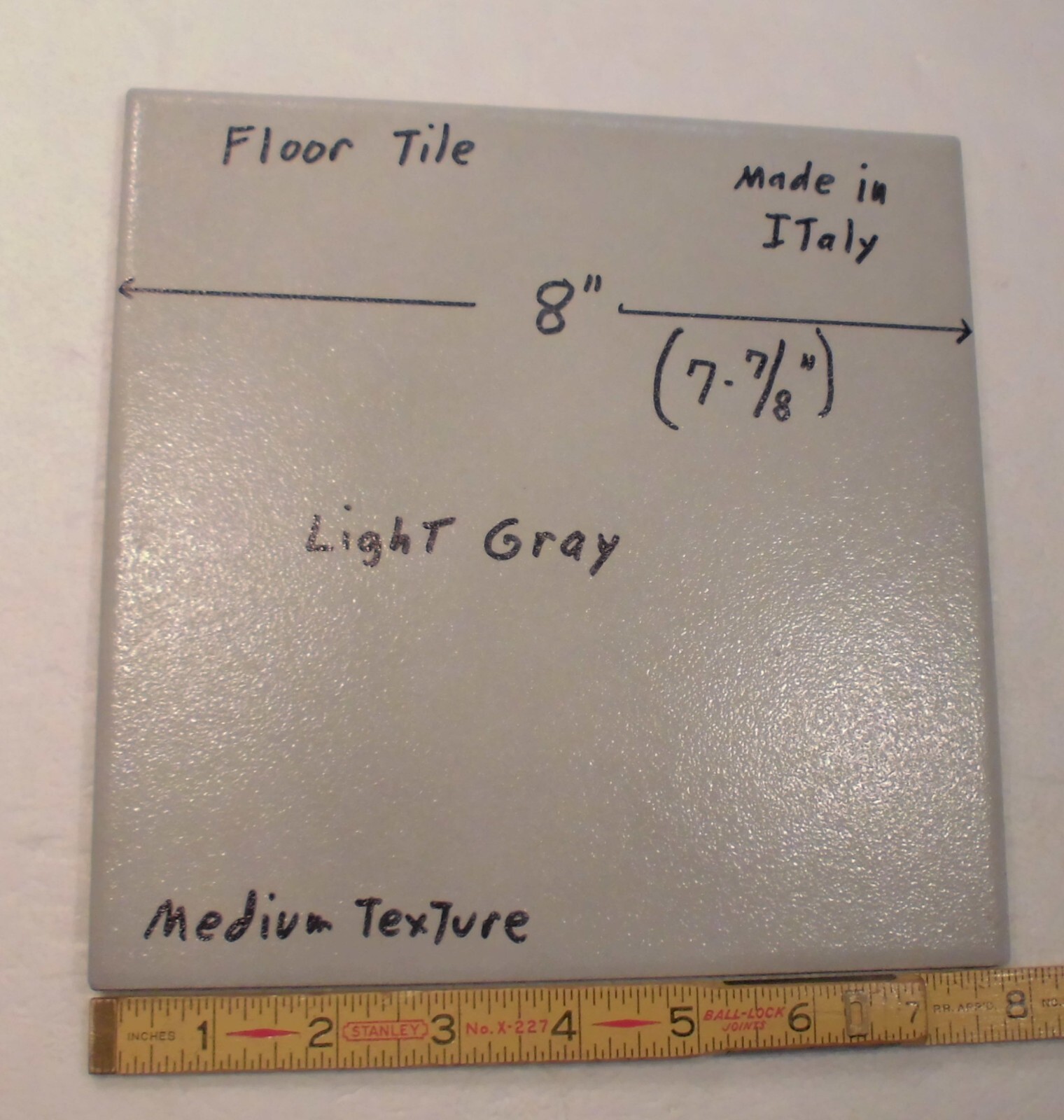 1 pc. “Light Gray” 7-7/8″ Ceramic Floor Tile: Medium Textured, Italian, flash