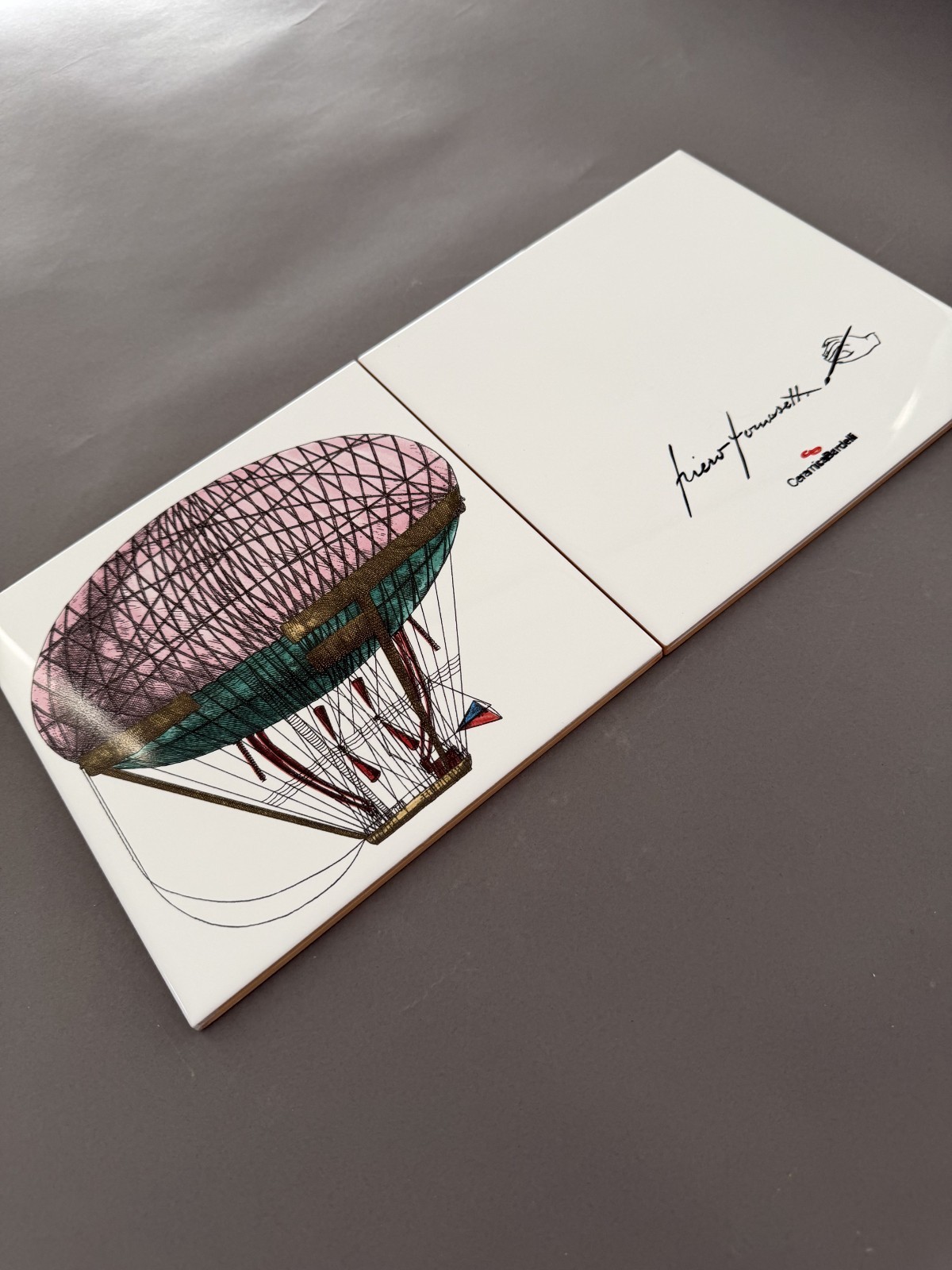 Fornasetti Airship & Signature Tile Pair 8×8 – Ceramica Bardelli Italy