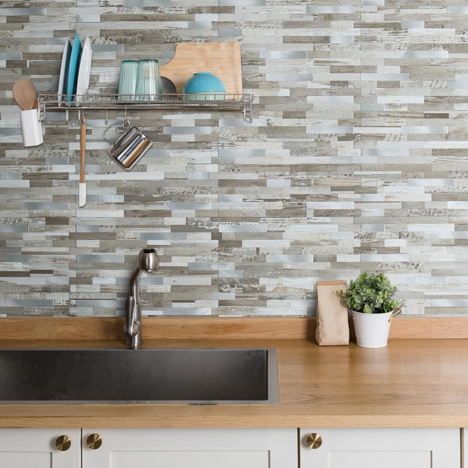 AULIGET 20 Sheets Peel and Stick Backsplash, Coffee & Brown Wood Look PVC Mix…
