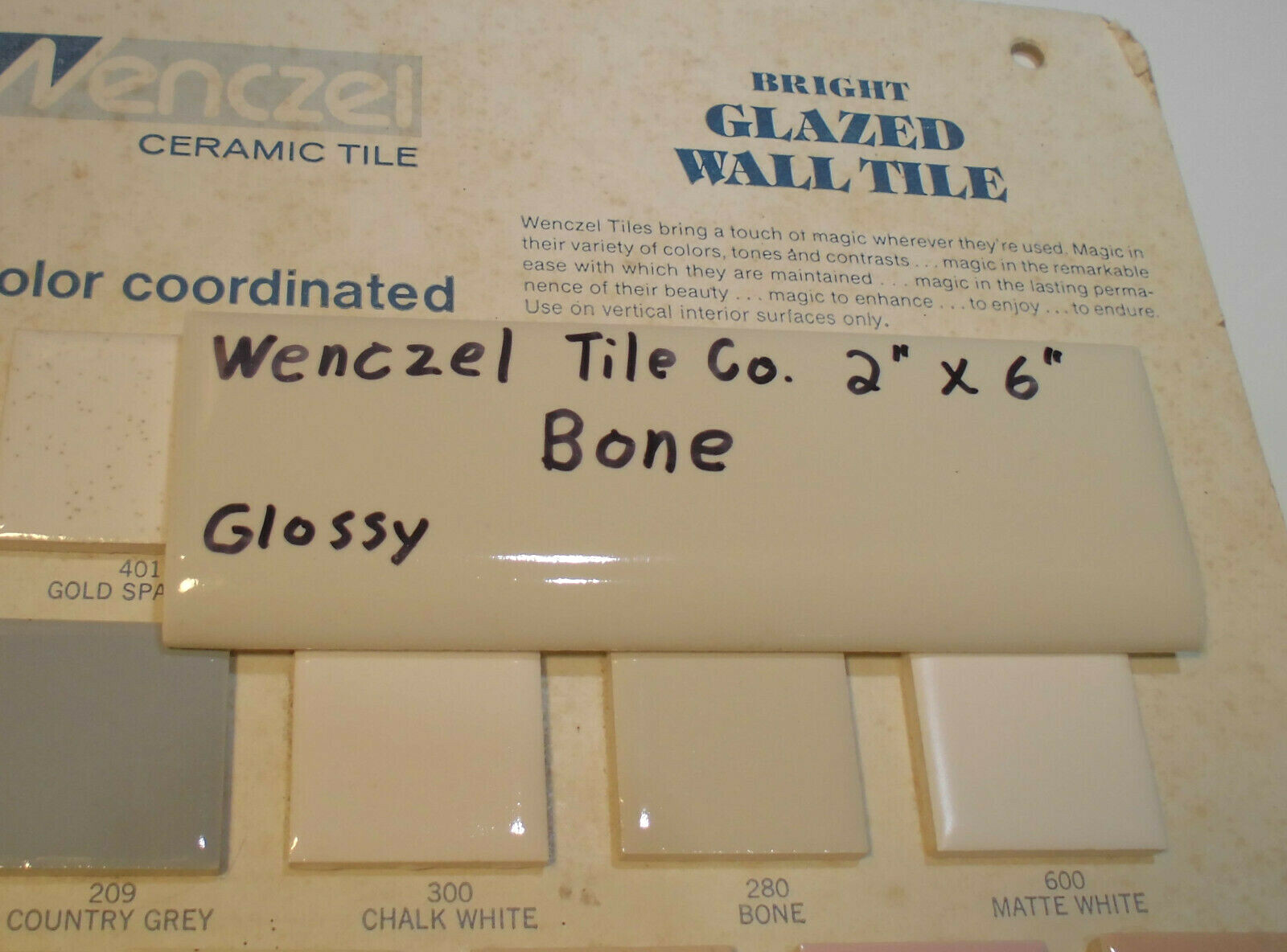 1 pc. Vintage Glossy *Bone* 2” X 6” Bullnose Ceramic Tile by Wenczel Co. NOS