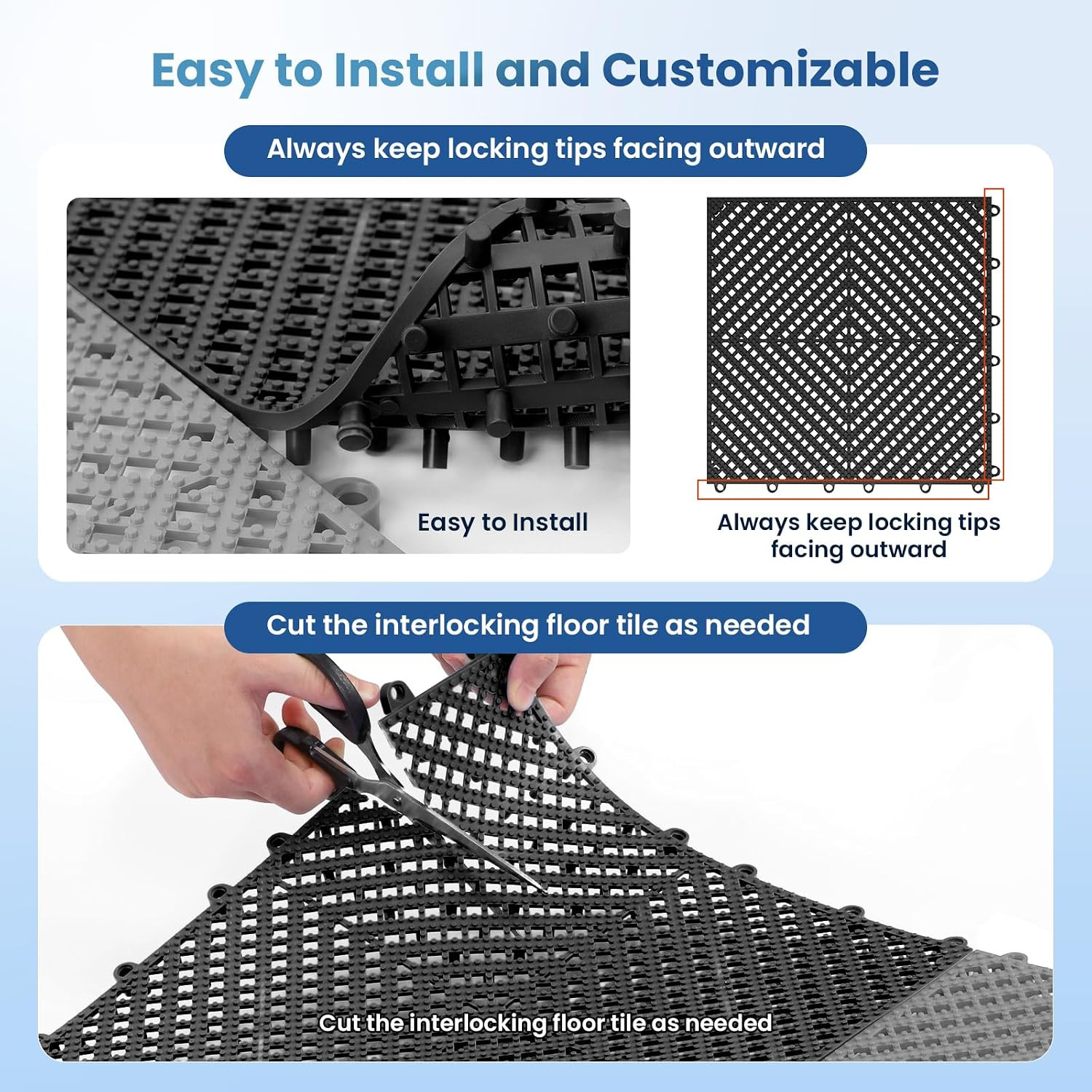 60Pcs Interlocking Drainage Floor Tiles 11.8″ Soft PVC Anti Slip Mat Pool Black