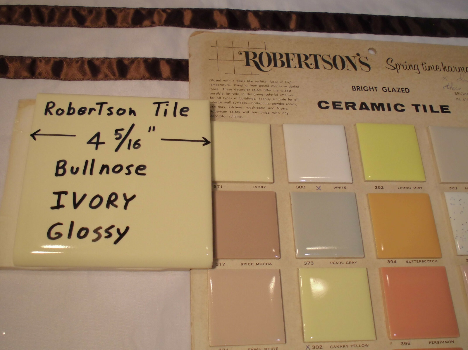 1 pc. Ivory- Light Yellow: 4-3/8″ Glossy Ceramic Bullnose by Robertson Tile Co.