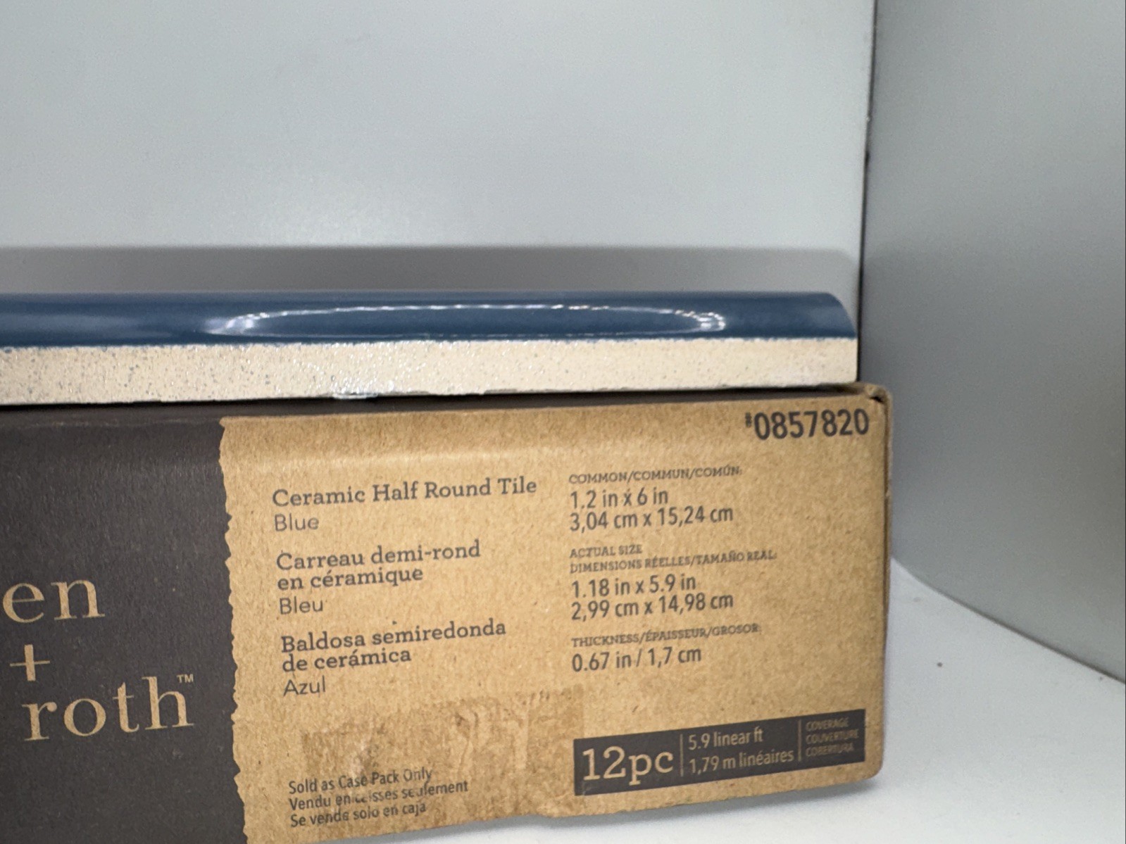 BOX of 12 Allen + Roth BLUE Glazed Glossy Ceramic Half Round Wall Tile Trim 6″