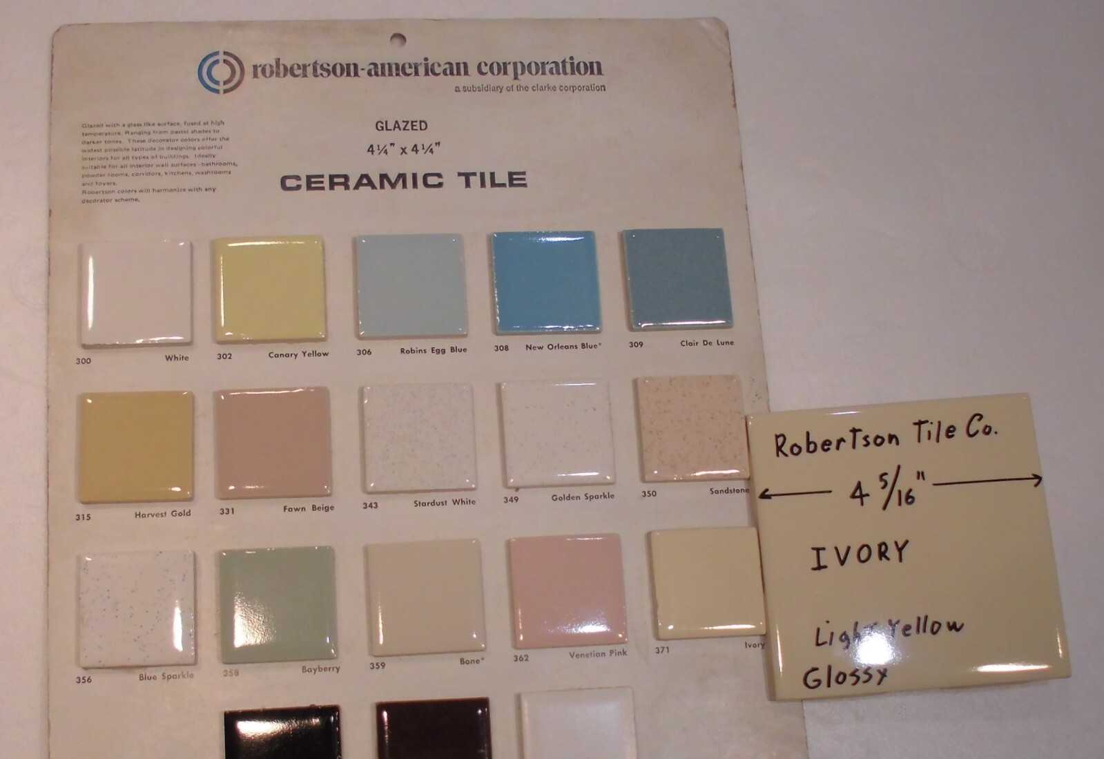 1 pc. Ivory – Light Yellow: 4-5/16″ Glossy Ceramic Tile by Robertson Co. NEW