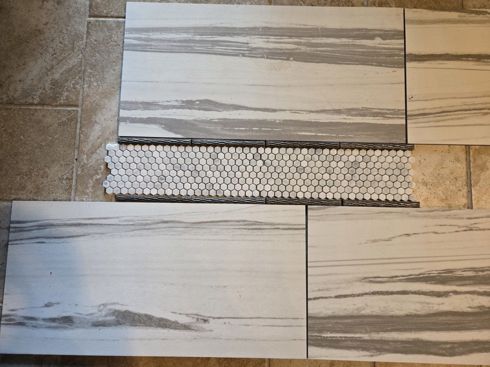 Basket Weave Pewter Tile Pencil Liner Metal Border. Brushed nickel satin finish.
