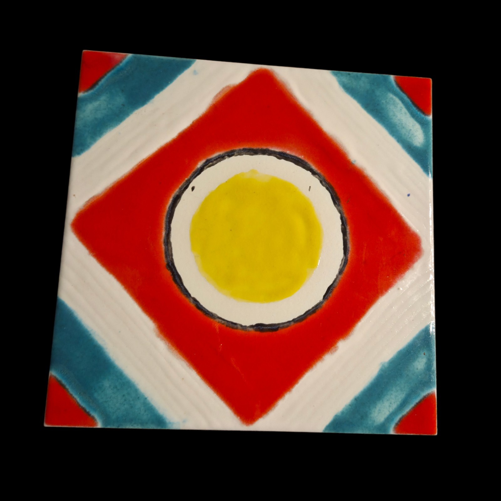 Decorative Ceramic Tile8x8Wall Art Trivet Abstract Design Yellow Red Turquoise