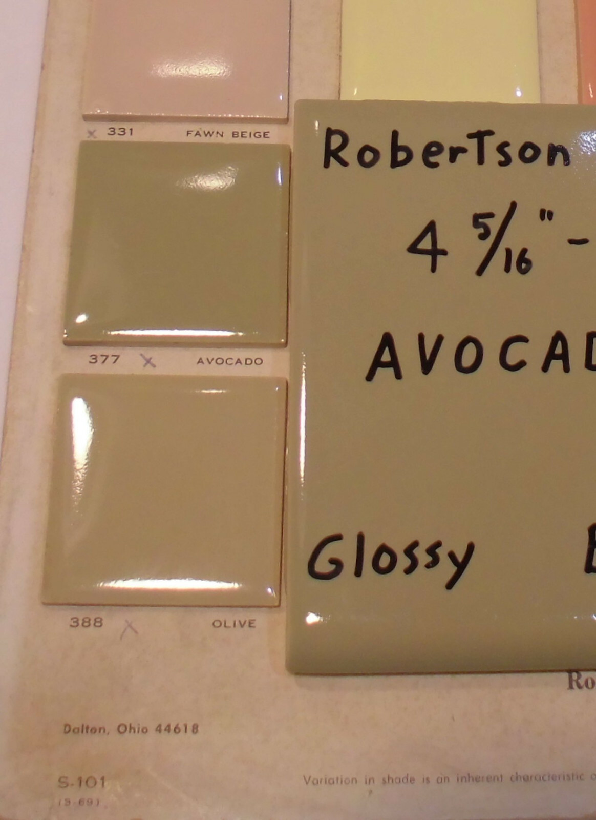 1 pc. *Avocado – Green* Vintage Glossy Ceramic Bullnose Tile 4-5/16” Robertson