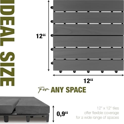 Premium Acacia Wood Interlocking Deck Tiles, 9 PCS 12″x12″x0.9″ Gray – Striped