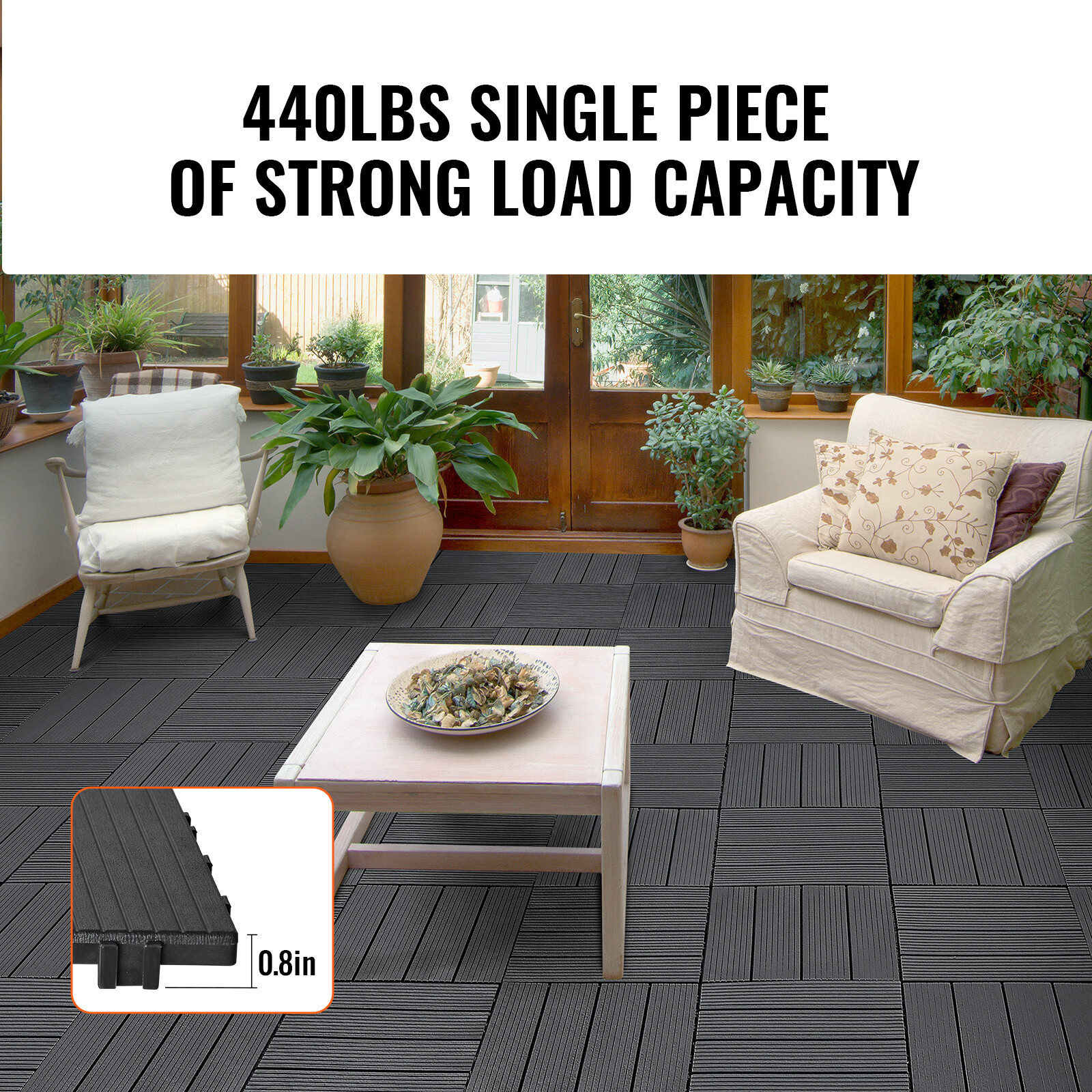 VEVOR Interlocking Deck Tiles 54 Pack 12″x12″ Plastic for Porch Dark Grey