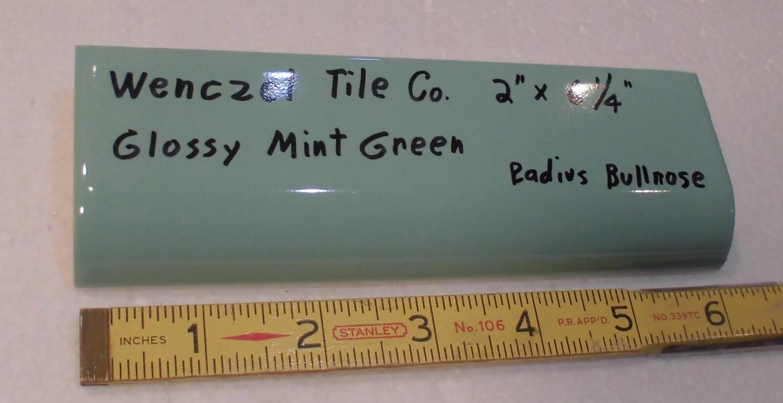 1 pc. Mint Green: Glossy Ceramic Radius Bullnose Tile: Wenczel Co. 2″ X 6-1/4″