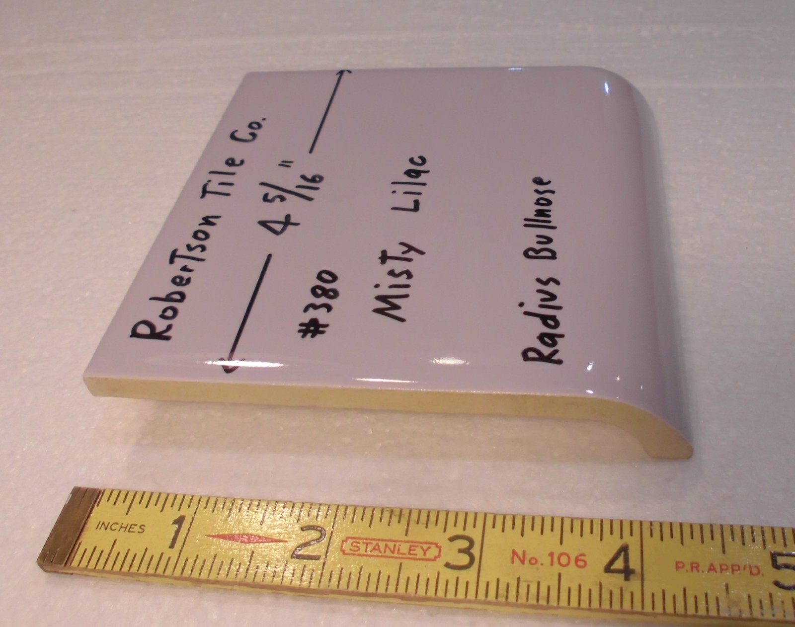 1 pc. Radius Bullnose; Misty Lilac: Glossy Ceramic Tile by Robertson 4-5/16″