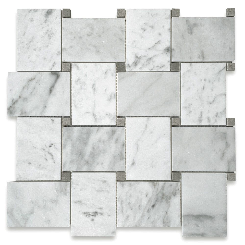 C663XH Carrara Marble Wide Basketweave Mosaic Tile Gray Dots Carrera Honed