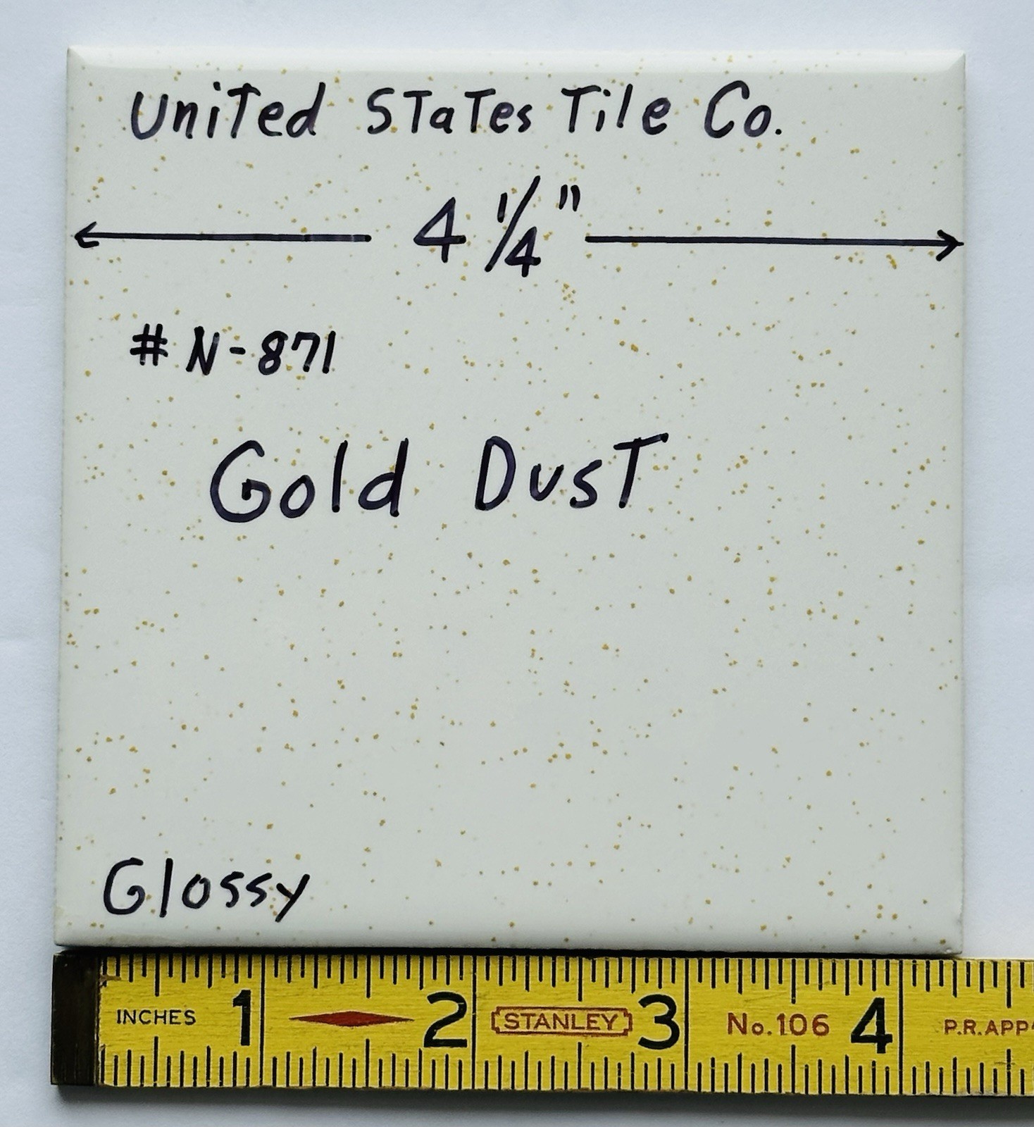 1 pc. Gold Dust: 4-1/4″ Gloss White Speckled Gold Ceramic United States Tile Co.