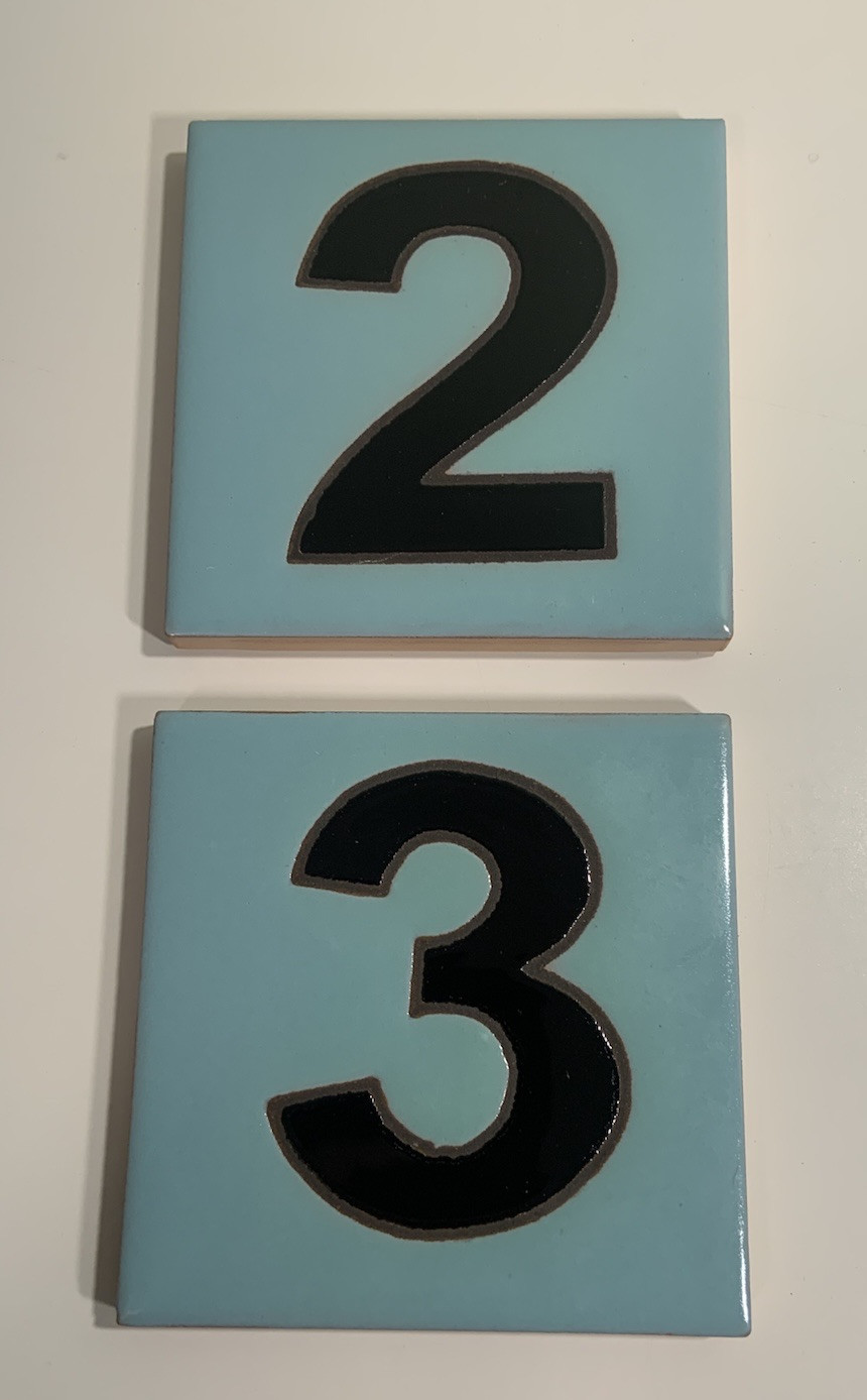 Mag Mor- Glazed Ceramic Tile Address House Numbers 2 & 3 (4”) Robin’s Egg Blue