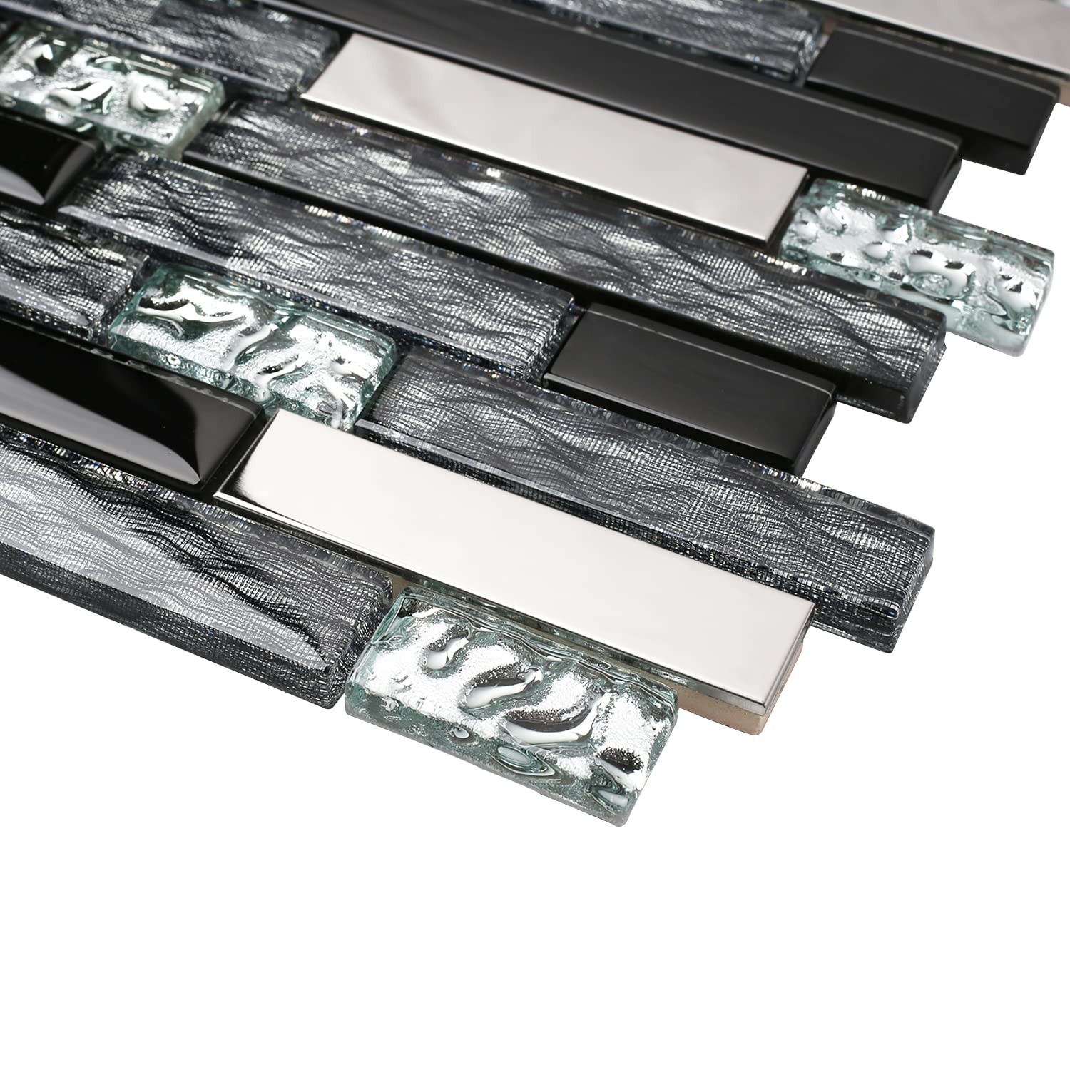 Glass Metal Tiles Art Mosaic Silk Black Crystal Glass Chrome Silver Steel Acc…