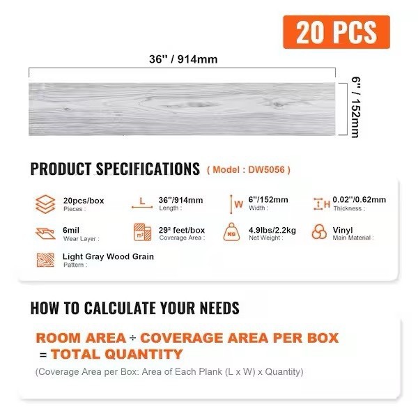 VEVOR Peel & Stick Vinyl Floor Tiles 36 x 6 in. Gray Woodgrain Flooring