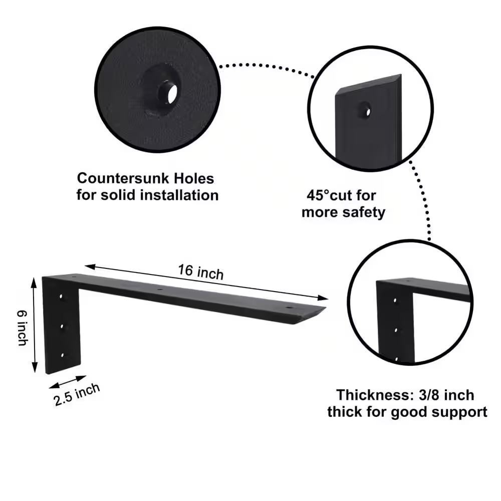 16 In. X 6 In. X 2.5 In. Heavy Duty 3/8 In. Thick Black Countertop Support Brack
