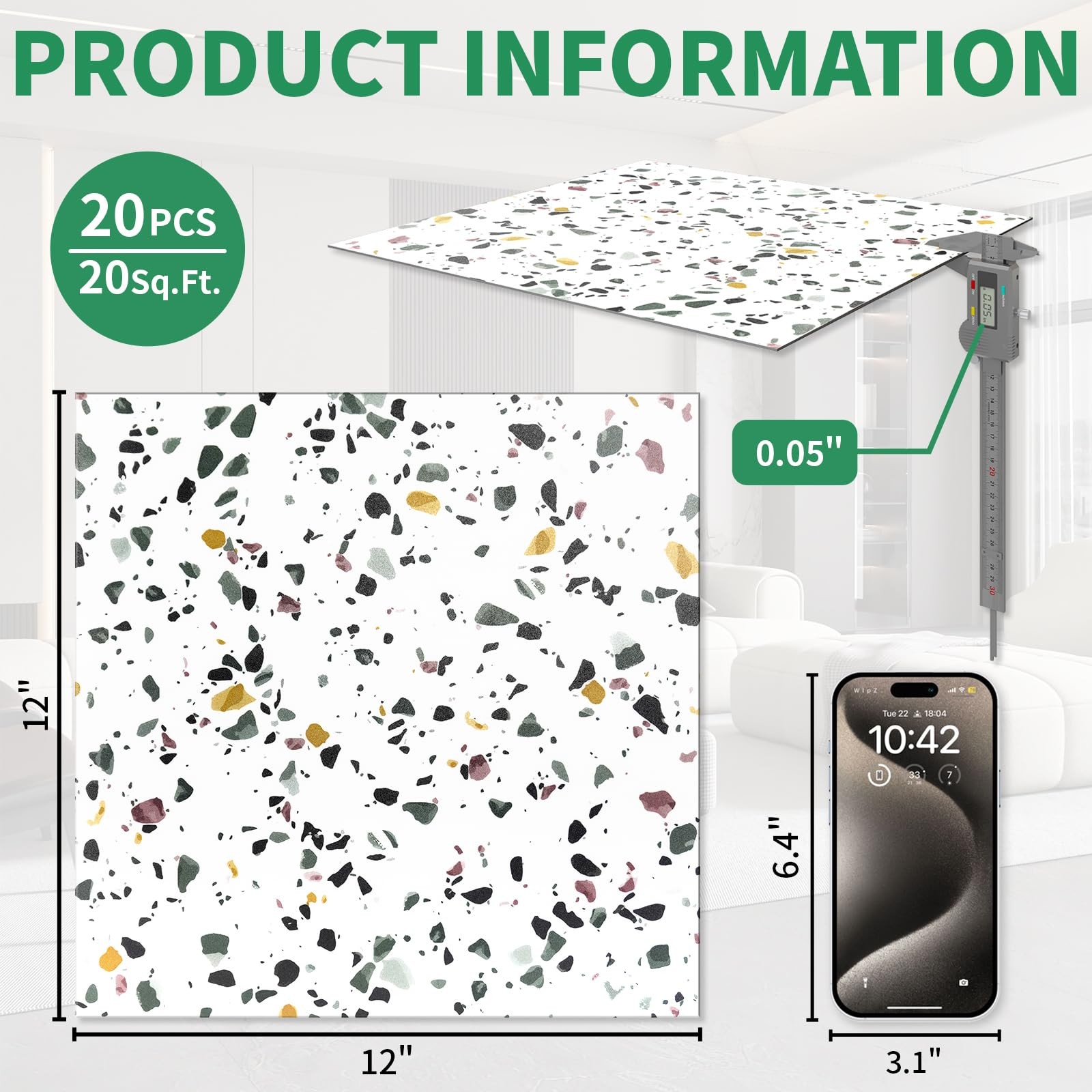 20-Pack 20 Sq.Ft Peel and Stick Floor Tiles Vinyl Matte Pattern Flooring, 12”…