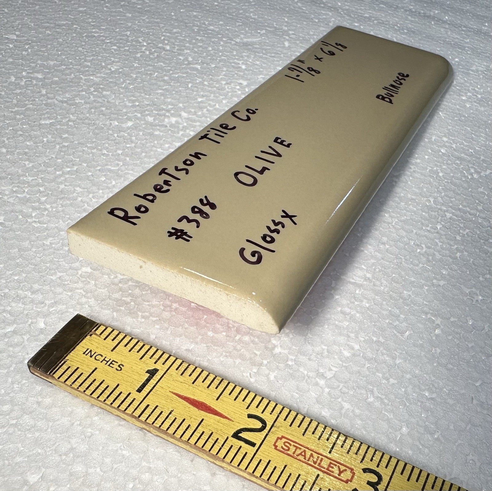 1 pc. Olive – Green: 2” X 6” Glossy Bullnose Ceramic Tile by Robertson, NOS