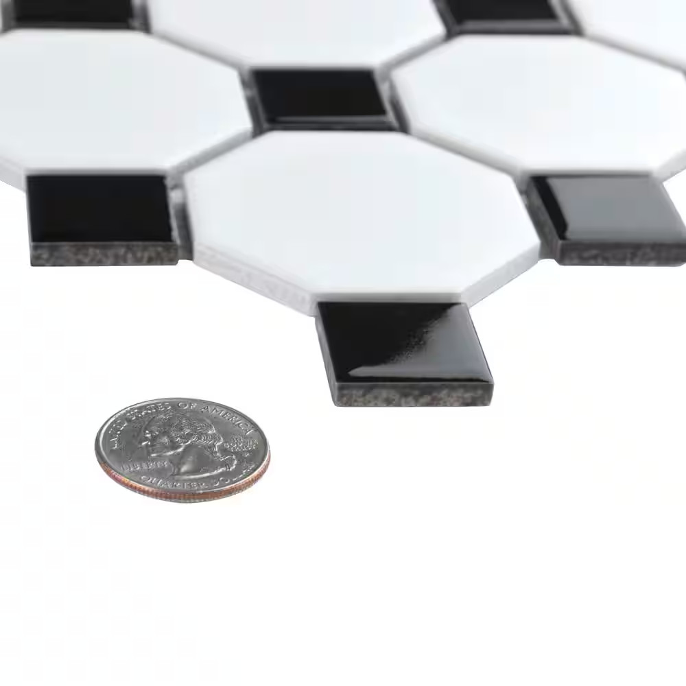 Metro Octagon Matte White with Black Dot 11-1/2 In. X 11-1/2 In. Porcelain Mosai