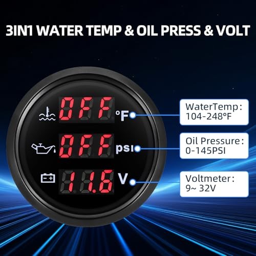 Triple Gauge Set – Water Temp (104°F-248°F), Oil Pressure (0-145PSI), Black