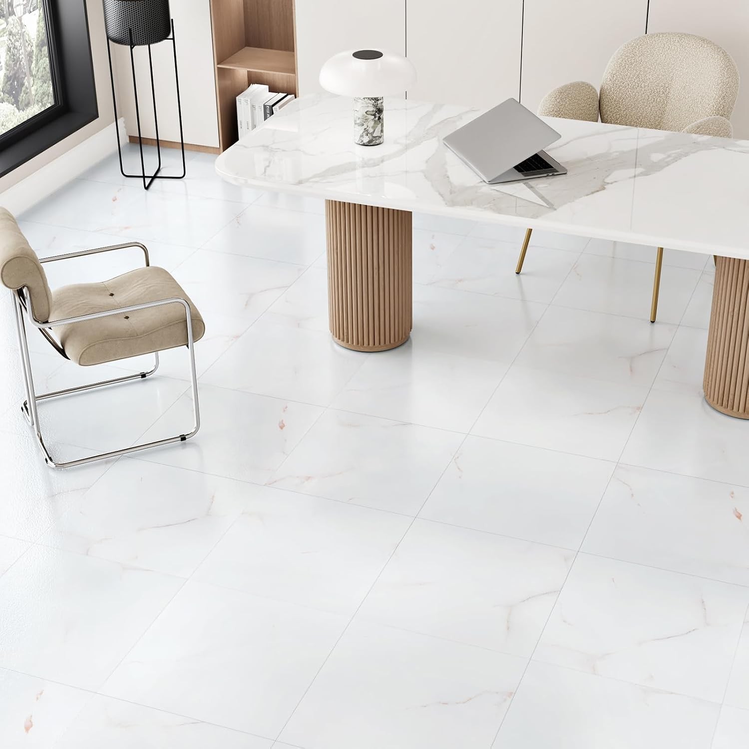 White/Red Peel and Stick Floor Tile Waterproof White Marble Floor Tiles for