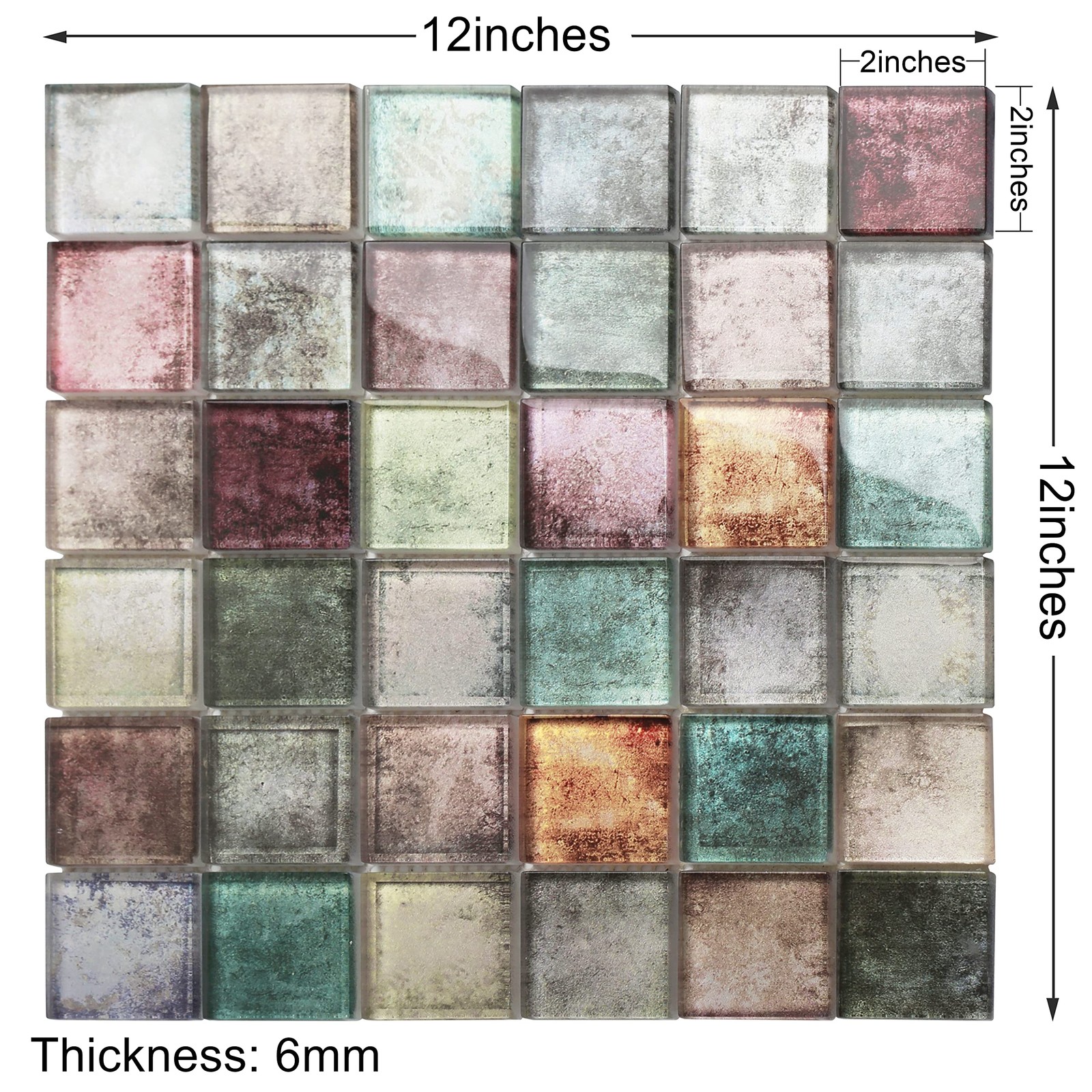 Antique 2” x 2” Glass Squared Tile Glazed Red Grey Grid Mosaic Wall Backspl…