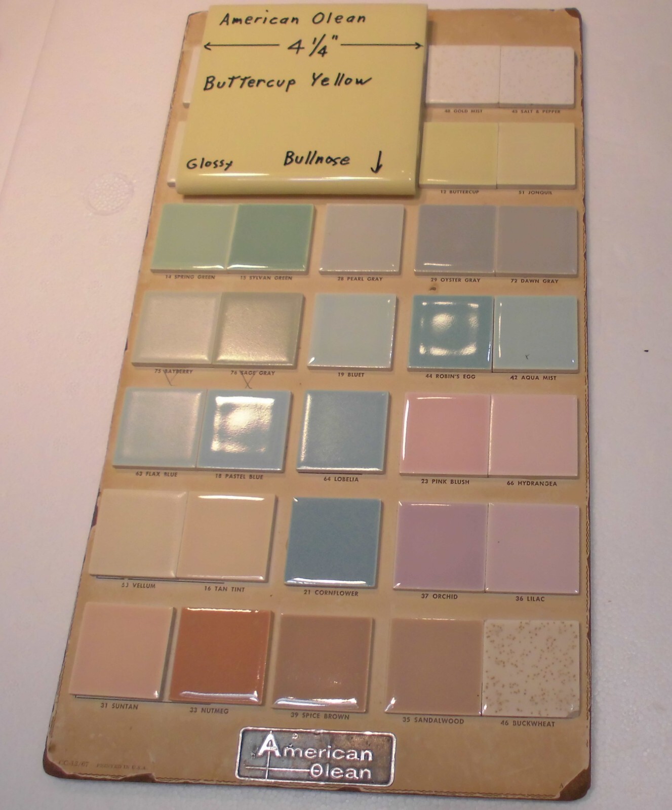 1 pc. Buttercup Yellow: 4-1/4″ Glossy BULLNOSE Ceramic Tile: American Olean, NOS