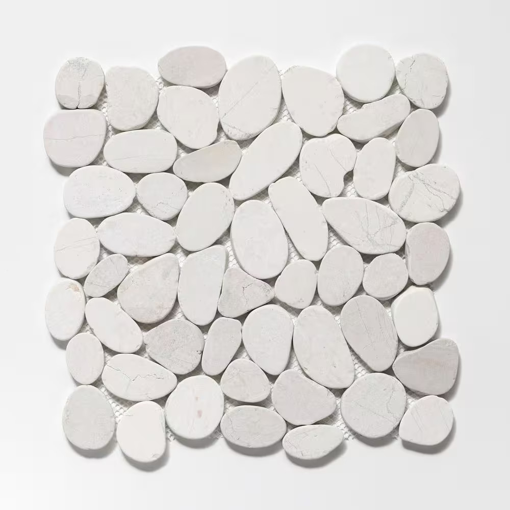 Sliced Pebble Tile White 11-1/4 In. X 11-1/4 In. X 9.5 Mm Mesh-Mounted Mosaic Ti