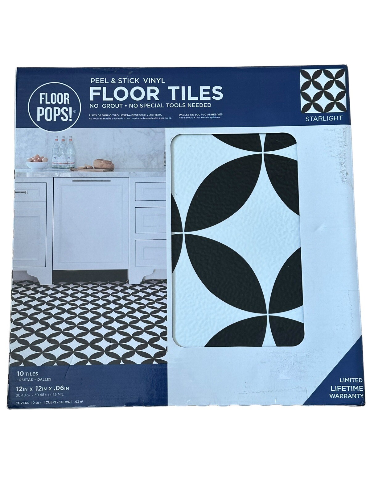 Floor Pops! Peel & Stick Floor Tiles Starlight Black White 10 Tiles 12 X 12 NEW