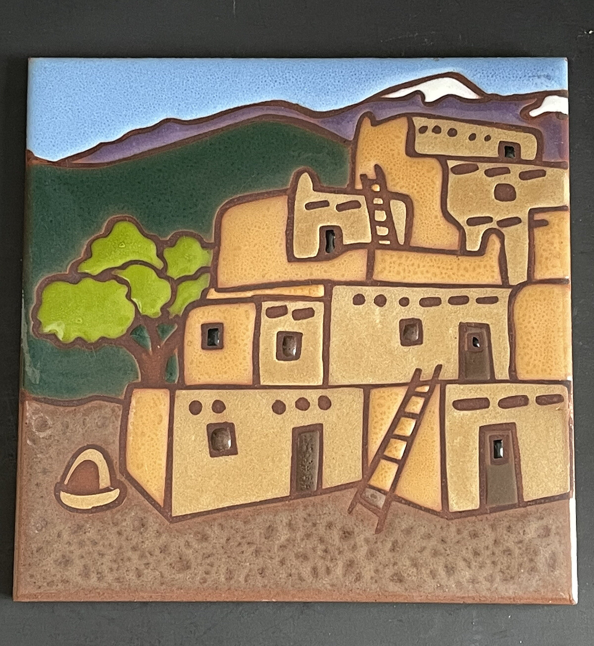 Vtg Ceramic Tile Sima Ceramiche Italy House Set Of 2 Hand painted 6” Terracotta