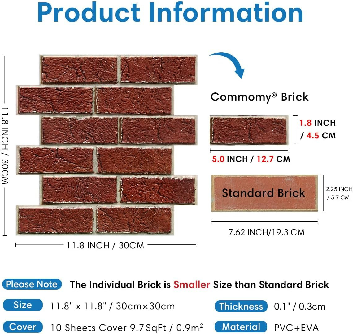 3D Peel and Stick Faux Brick Wall Panels, Red PVC Wallpaper, 10 Pcs 12″x12