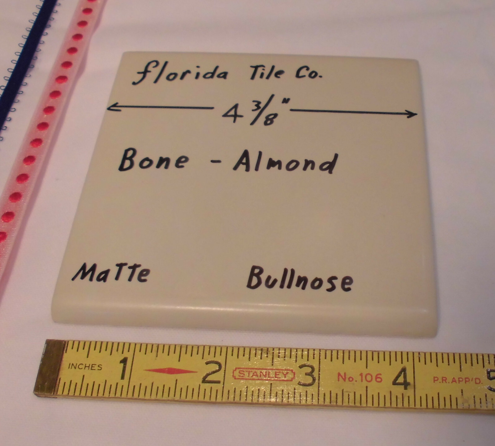 1 pc. *Bone – Almond* Matte Bullnose Ceramic Tile 4-3/8″ by Florida Co. (NOS)
