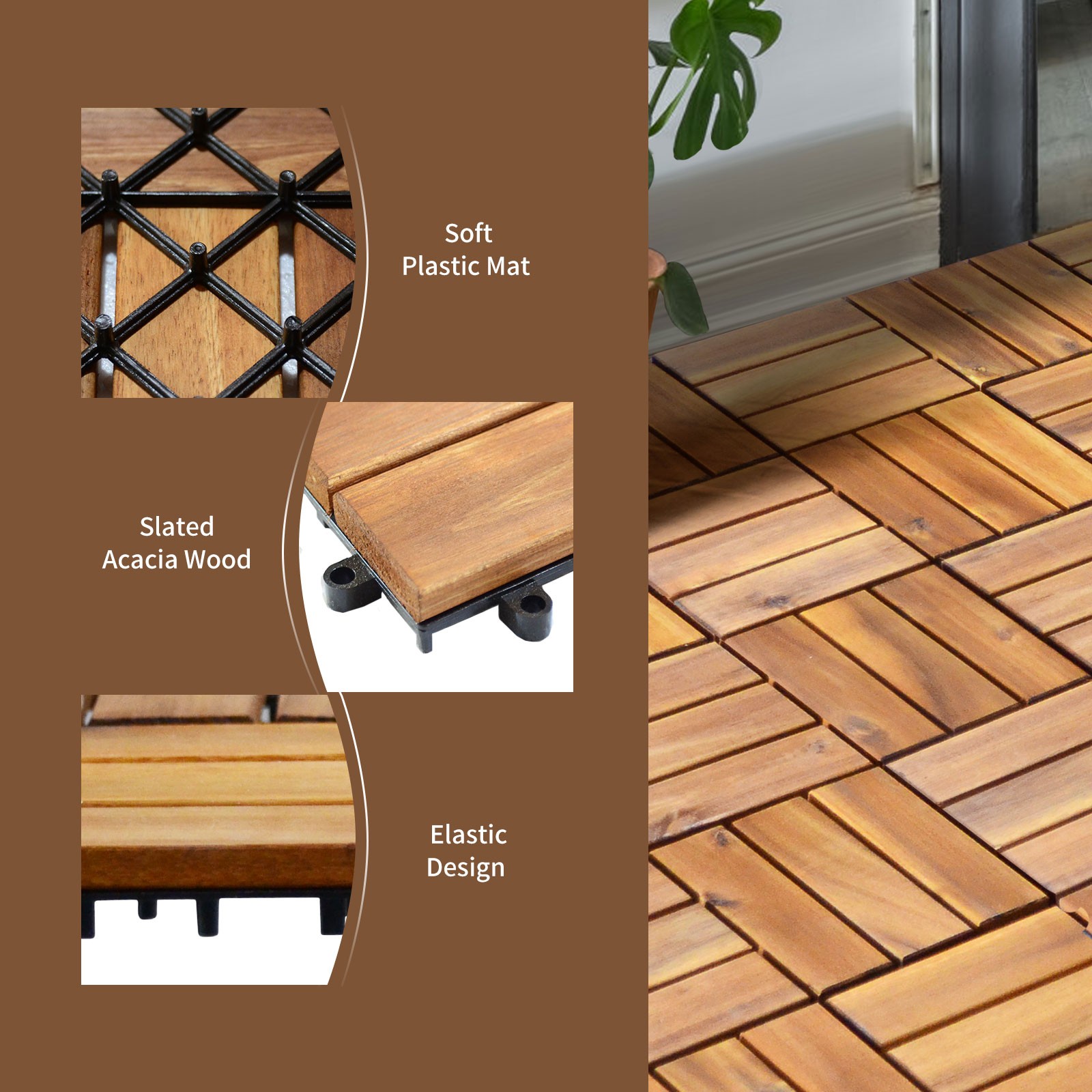 Patiojoy 27PCS Patio Interlocking Tiles Acacia Slat Wood Garden Indoor &Outdoor