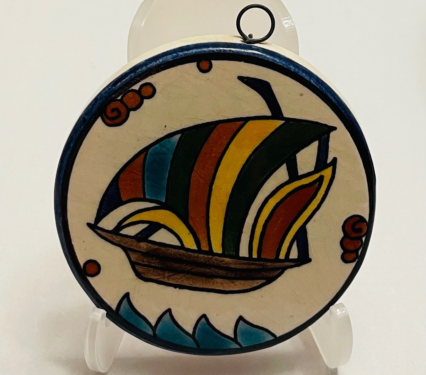 Miniature Vintage Hand Painted Jerusalem Ceramic Wall Plate – Greek Ship Design