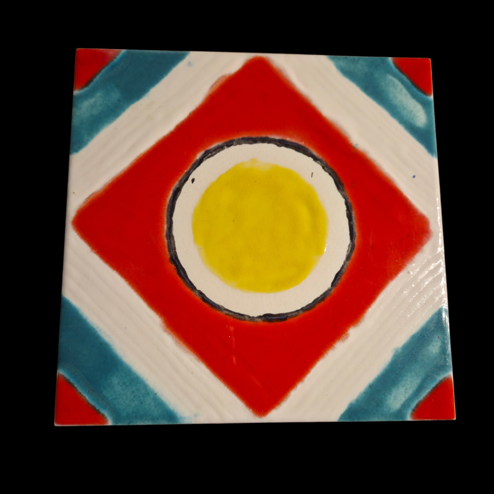 Decorative Ceramic Tile8x8Wall Art Trivet Abstract Design Yellow Red Turquoise
