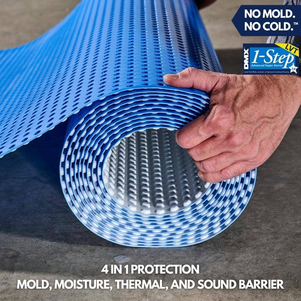 DMX 1-STEP Flooring Underlayment 29’L x 42″W Moisture Resistant Blue (100-Sq.Ft)