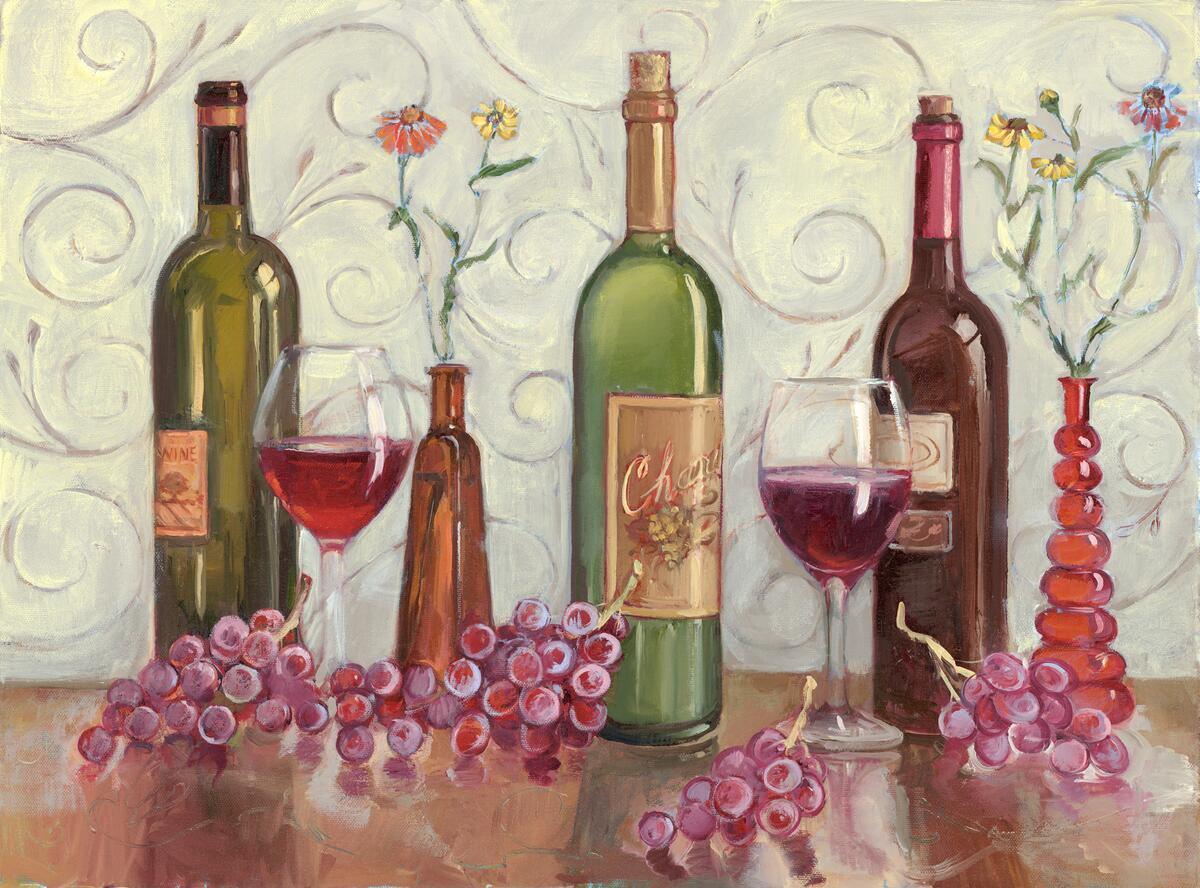 Ceramic Backsplash Tile Mural Wine Themed Kitchen – Grapes Wine and a Red Vase