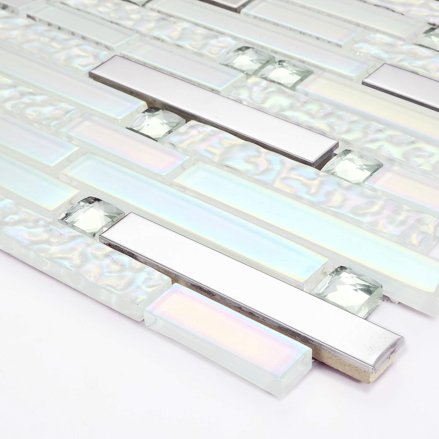 Glass Metal Tile Linear Mosaic Iridescent White Crystal Glass Chrome Metallic In