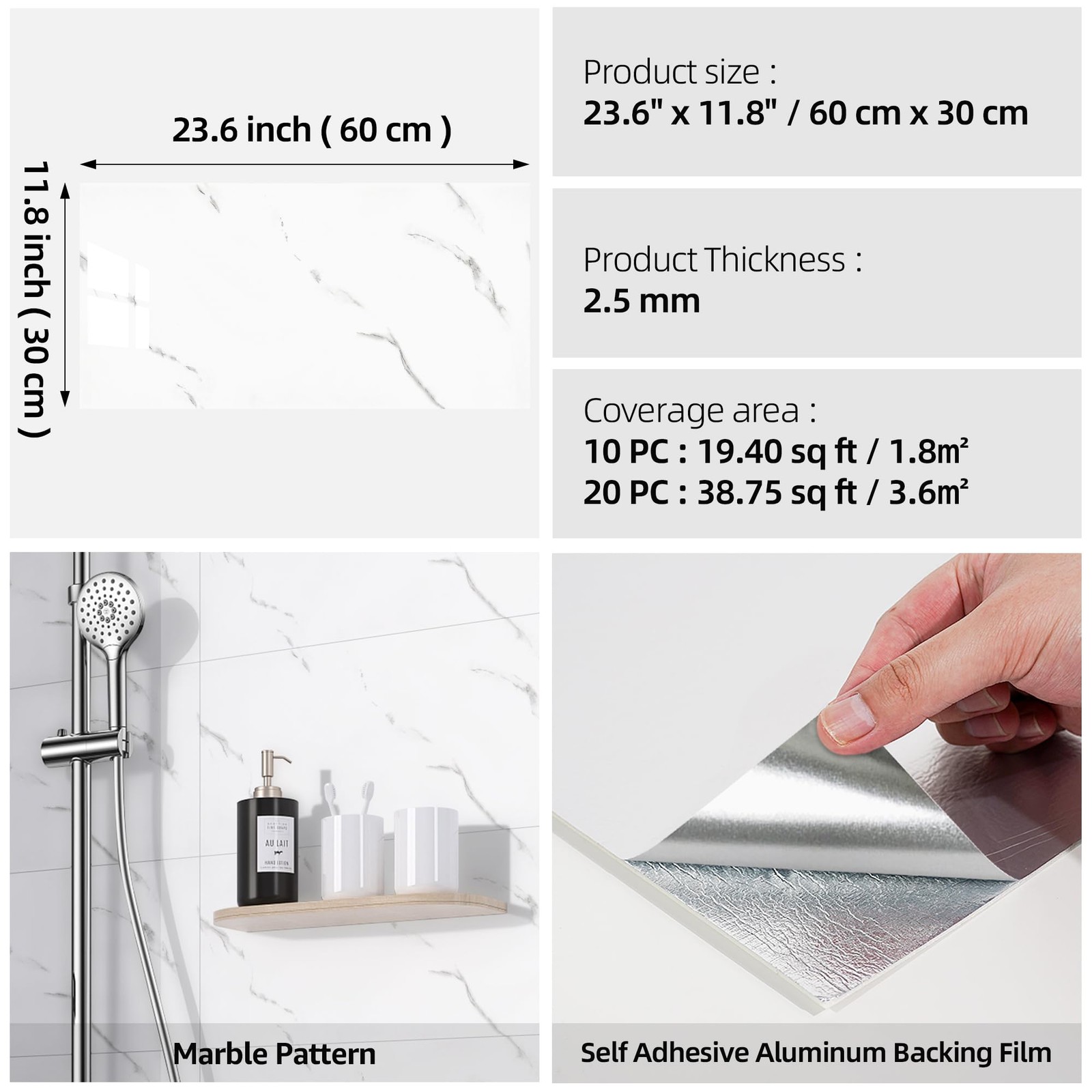 WADILE 23.6″x11.8″ Waterproof Marble Peel and Stick Wall Panels Marble Tile P…