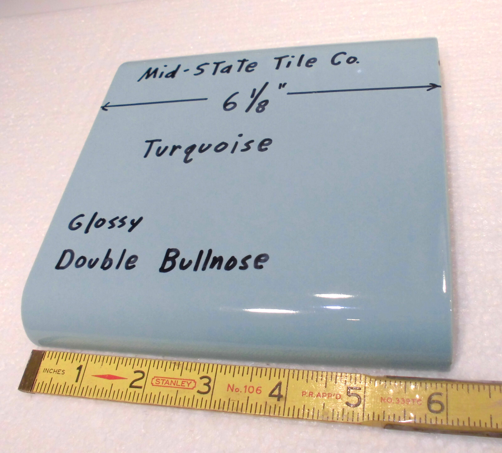 1 pc. Turquoise 6″ x 6″ Double Radius Bullnose Glossy Ceramic Tile: made 1950’s